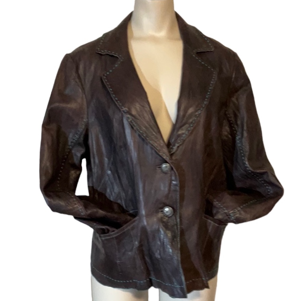 TAHARI sz Large Leather Jacket Unique Turquoise Exposed Stitching Pockets Brown